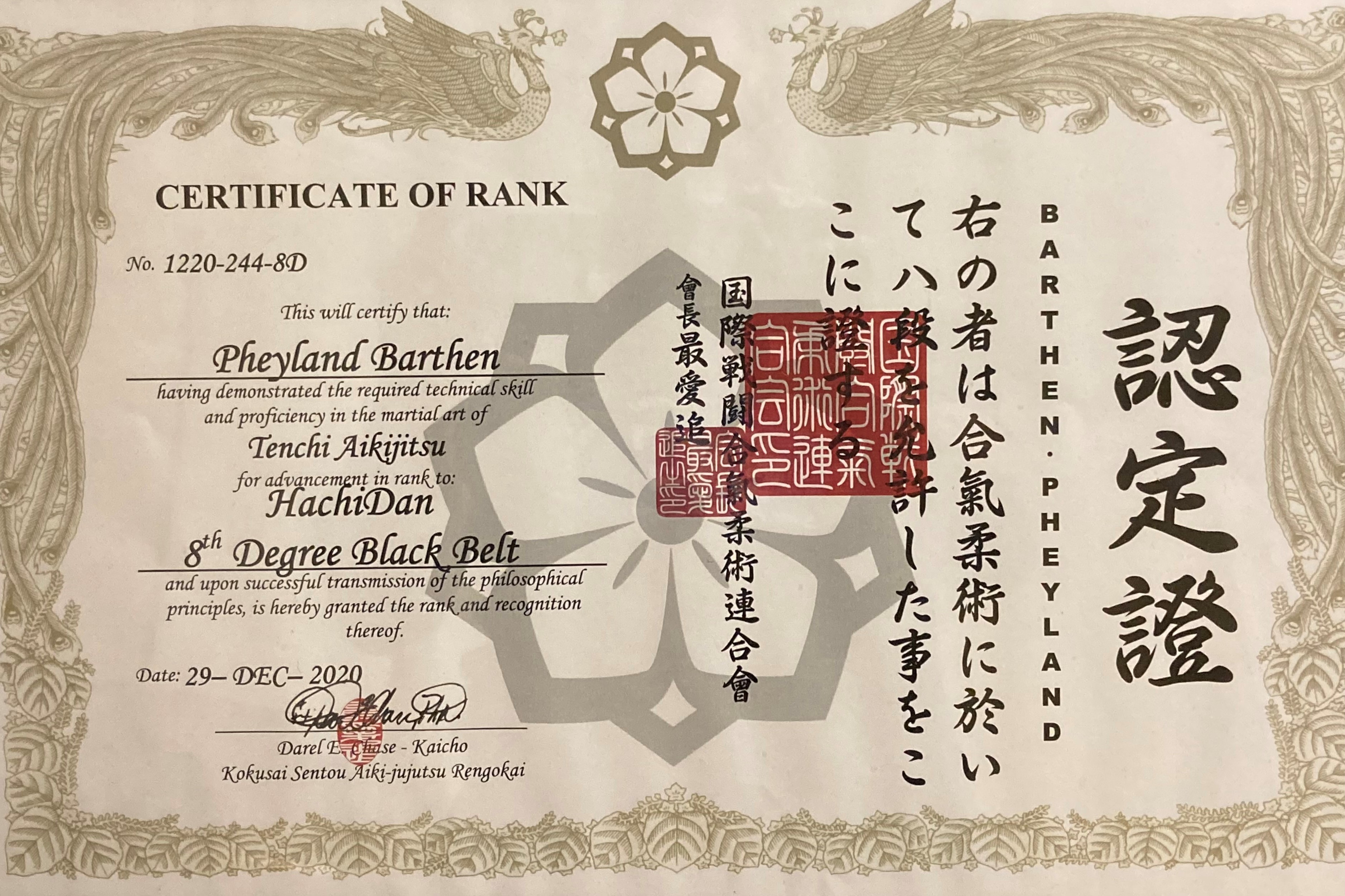 Pheyland Barthen's 8th degree black belt certificate